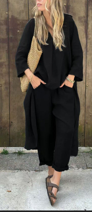 Women's V-Neck 2-Piece Set with Pockets