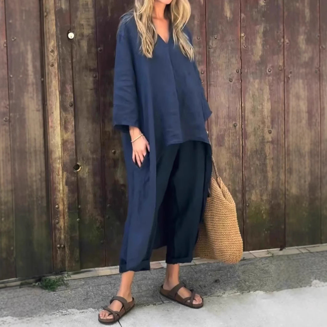 Women's V-Neck 2-Piece Set with Pockets