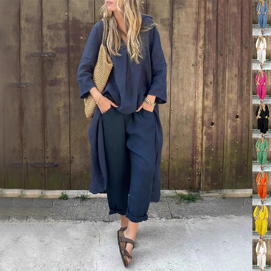 Women's V-Neck 2-Piece Set with Pockets