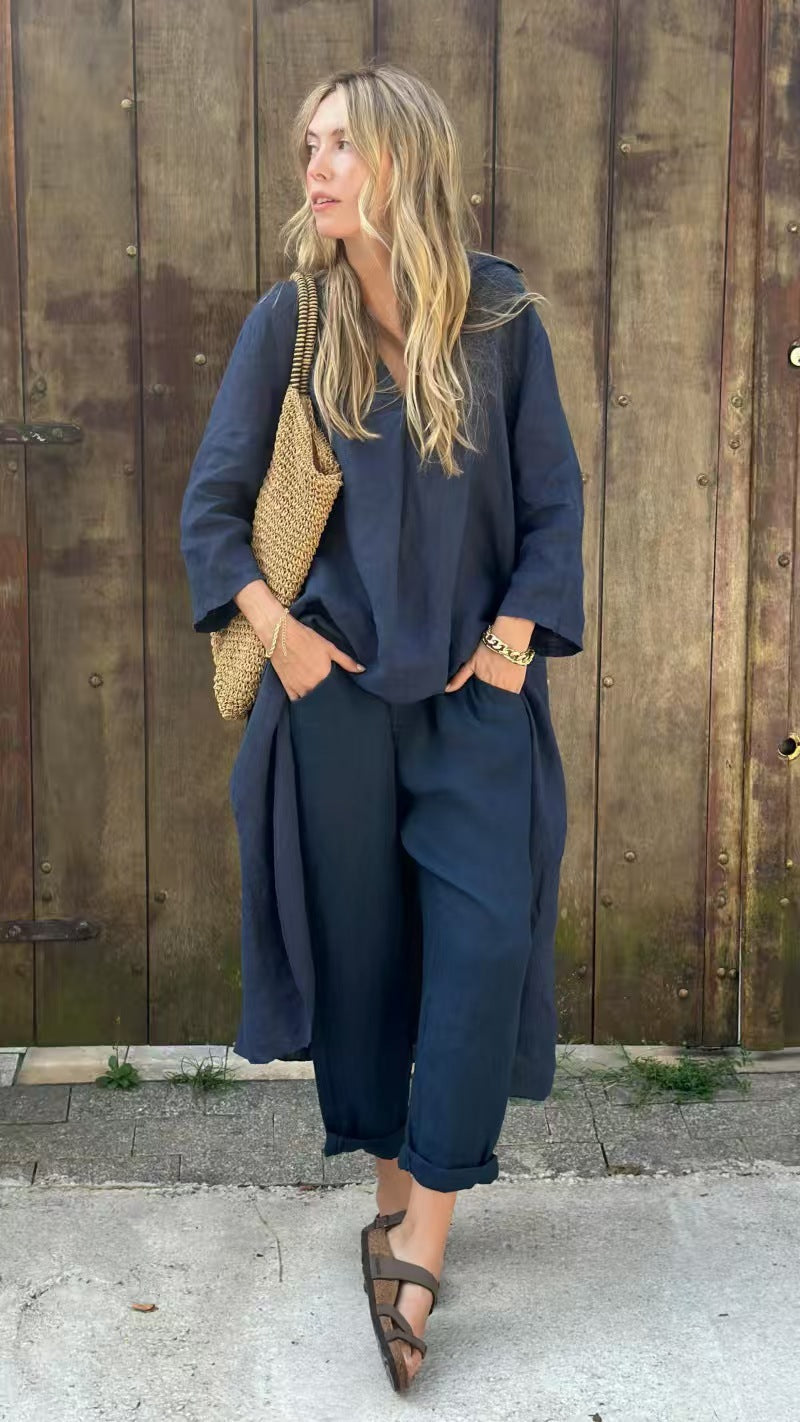Women's V-Neck 2-Piece Set with Pockets